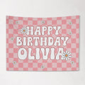 Girls Personalized Birthday Banner, Custom Pink Retro Checkered Wall Hanging with Name