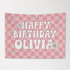 Girls Personalized Birthday Banner, Custom Pink Retro Checkered Wall Hanging with Name
