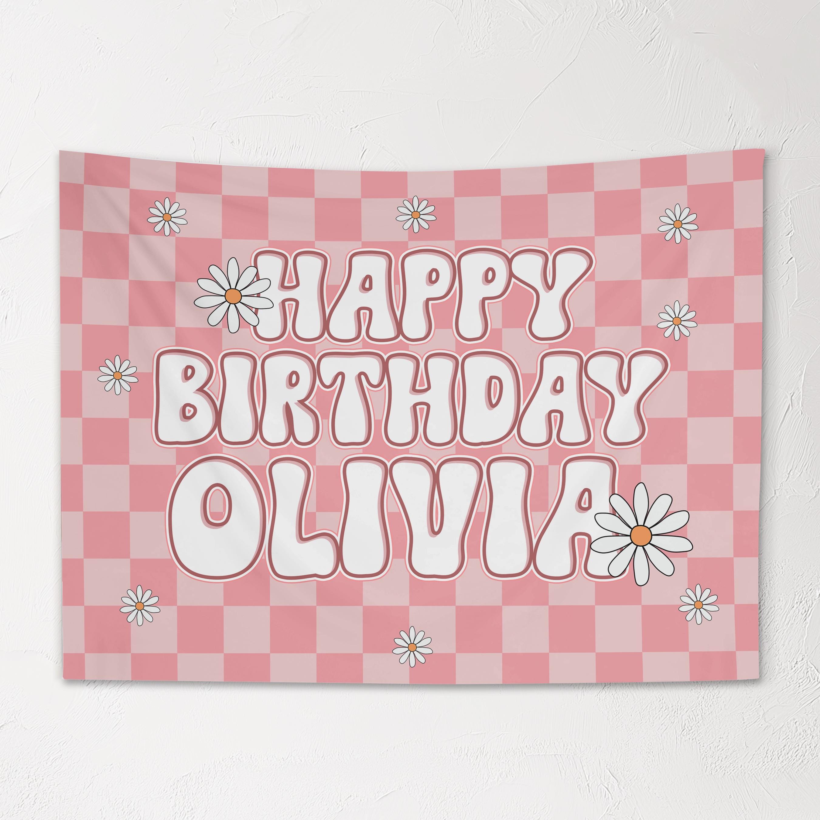 Girls Personalized Birthday Banner, Custom Pink Retro Checkered Wall Hanging with Name