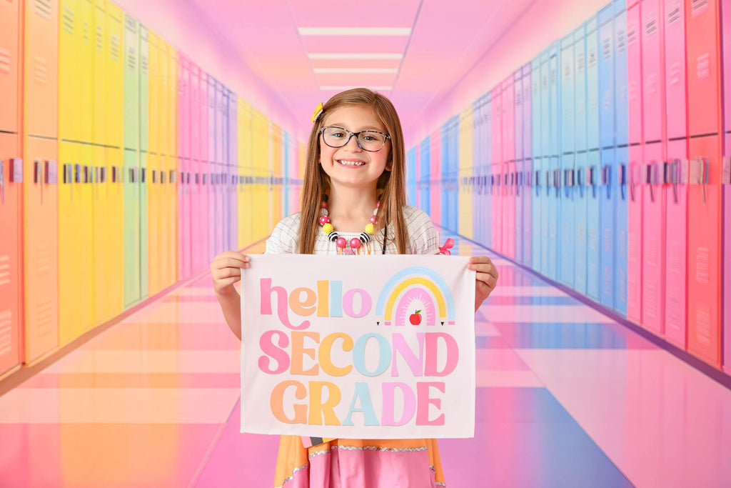 Fabric Tapestry Banner, Hello Rainbow Second Grade, Kids Wall Art Room Decor