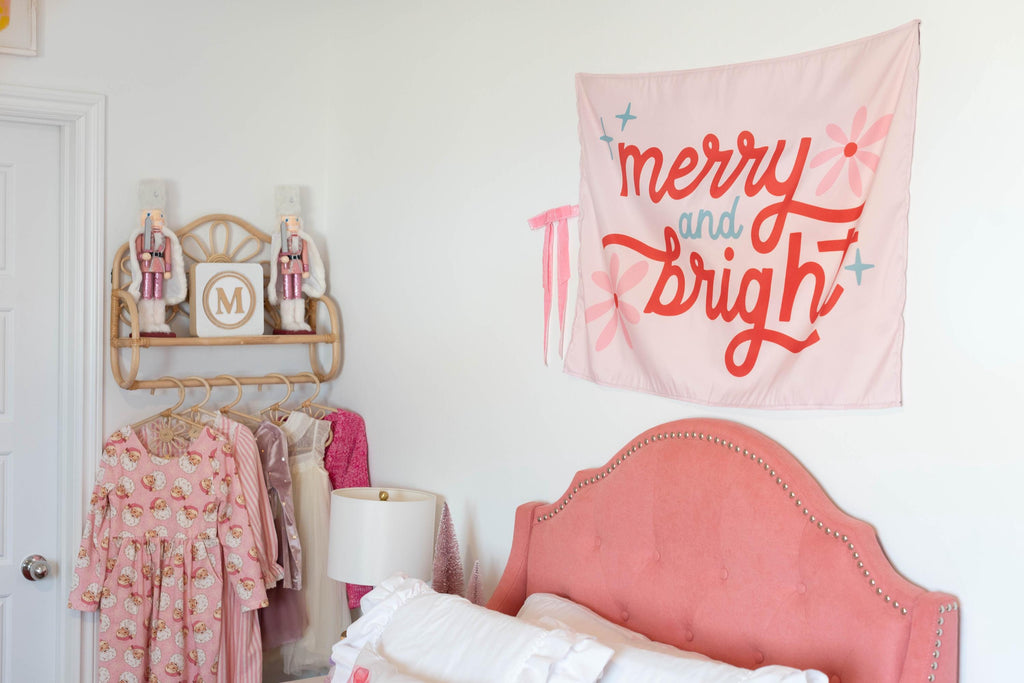 Christmas Banner, Merry & Bright, Kids Fabric Tapestry, Wall art Room Decor
