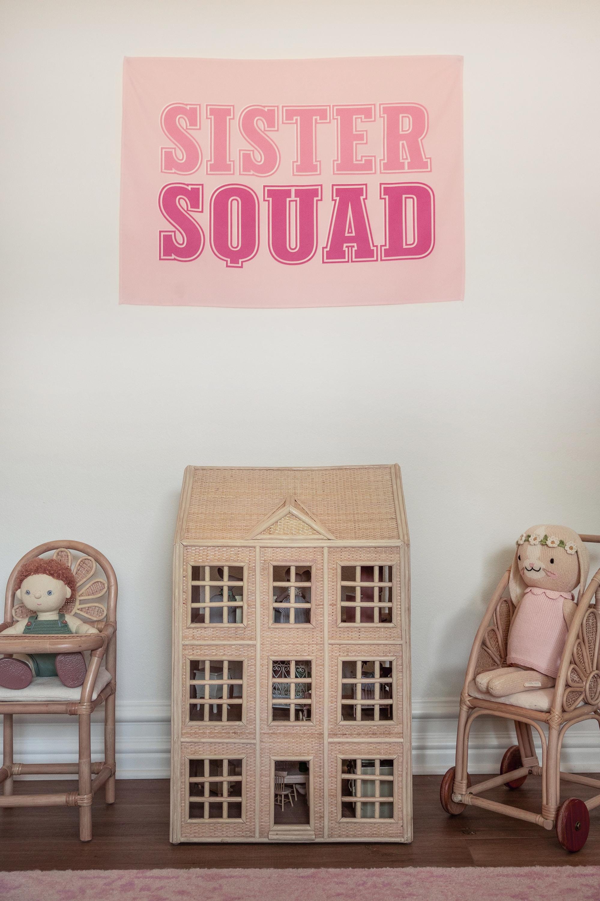 Fabric Tapestry Banner, Sister Squad,  Girls Pink Wall Art Decor, Children's Wall Art