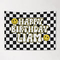 Custom Kids Happy Birthday Banner, Personalized Name, Retro Checkers, Kids Party Decor
