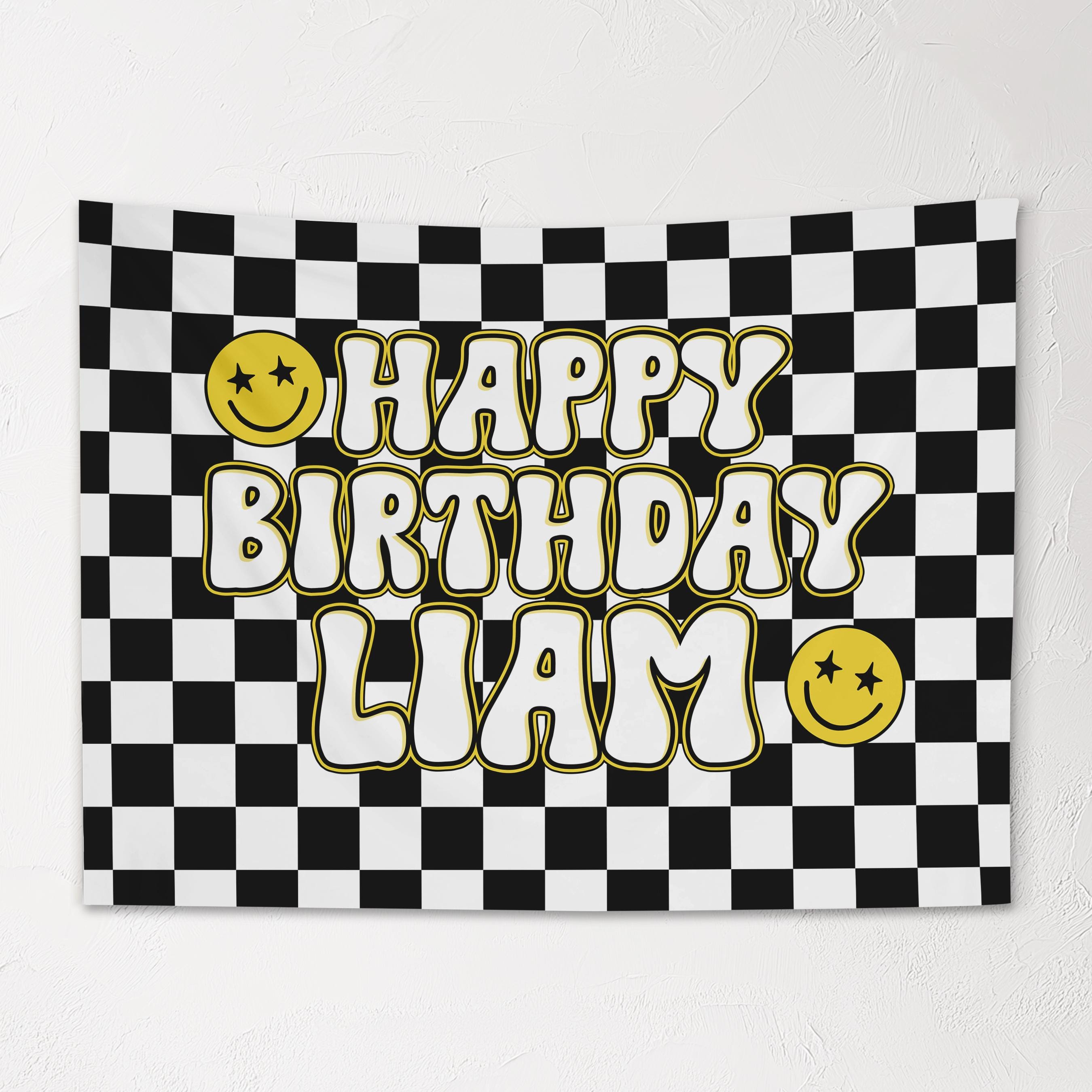 Custom Kids Happy Birthday Banner, Personalized Name, Retro Checkers, Kids Party Decor