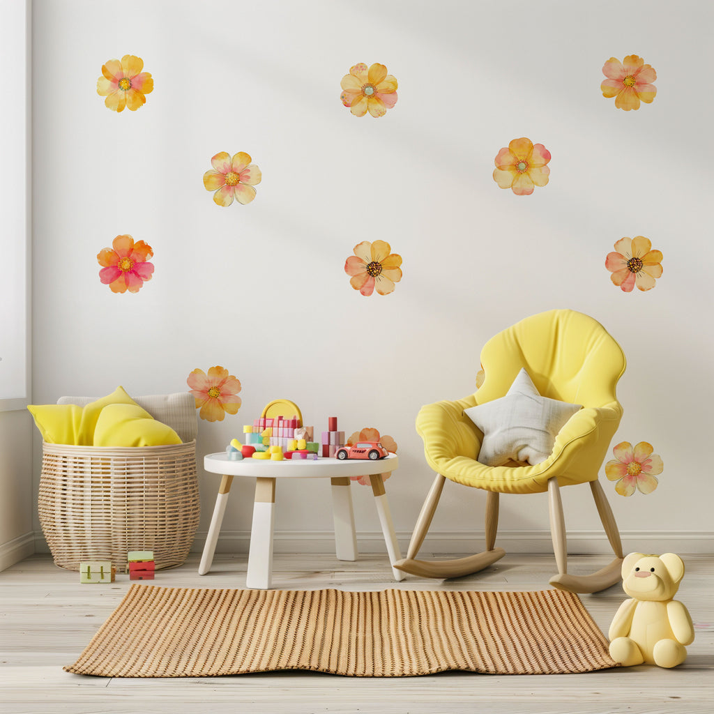 Boho Floral Watercolor Orange Flowers Wall Decals