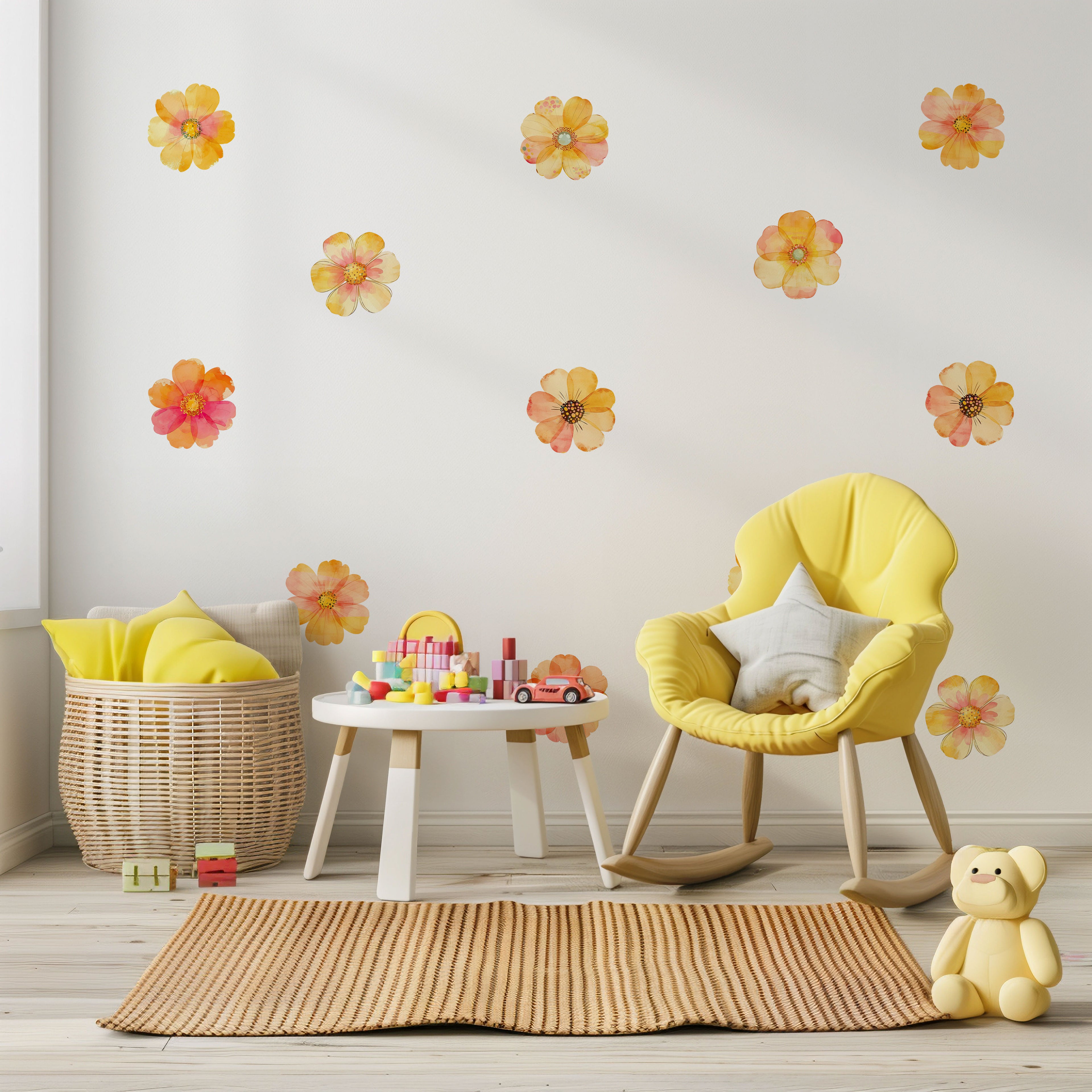 Boho Floral Watercolor Orange Flowers Wall Decals
