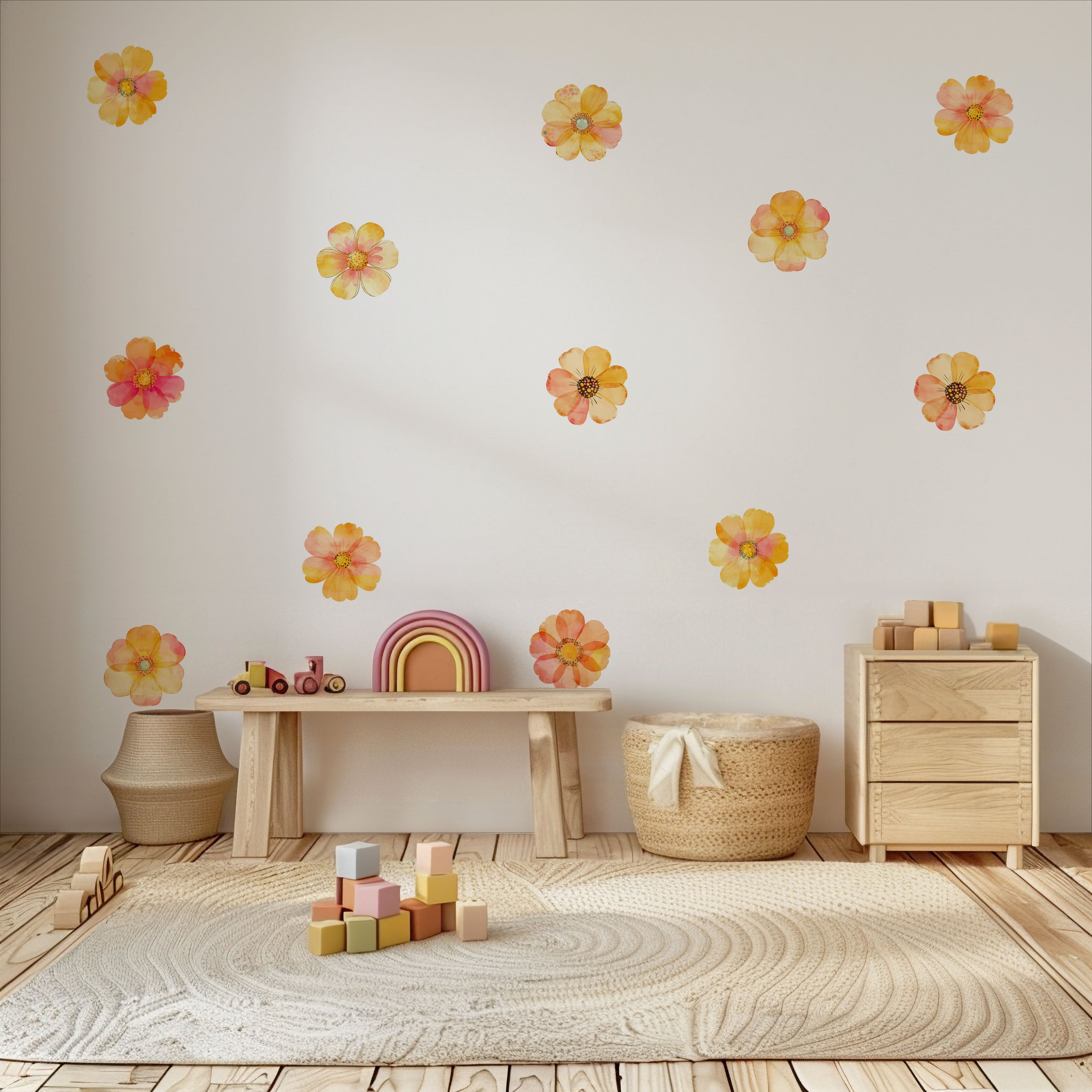 Boho Floral Watercolor Orange Flowers Wall Decals