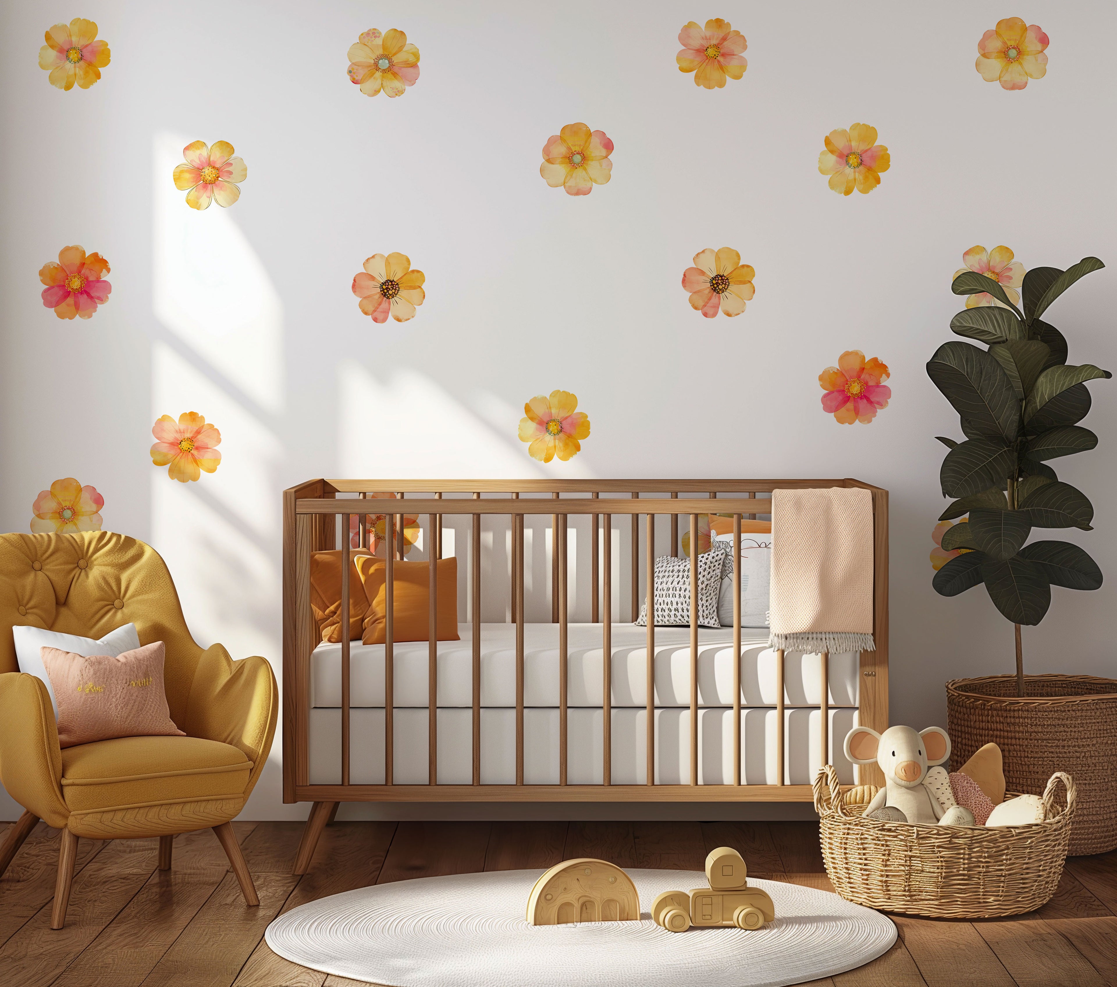 Boho Floral Watercolor Orange Flowers Wall Decals