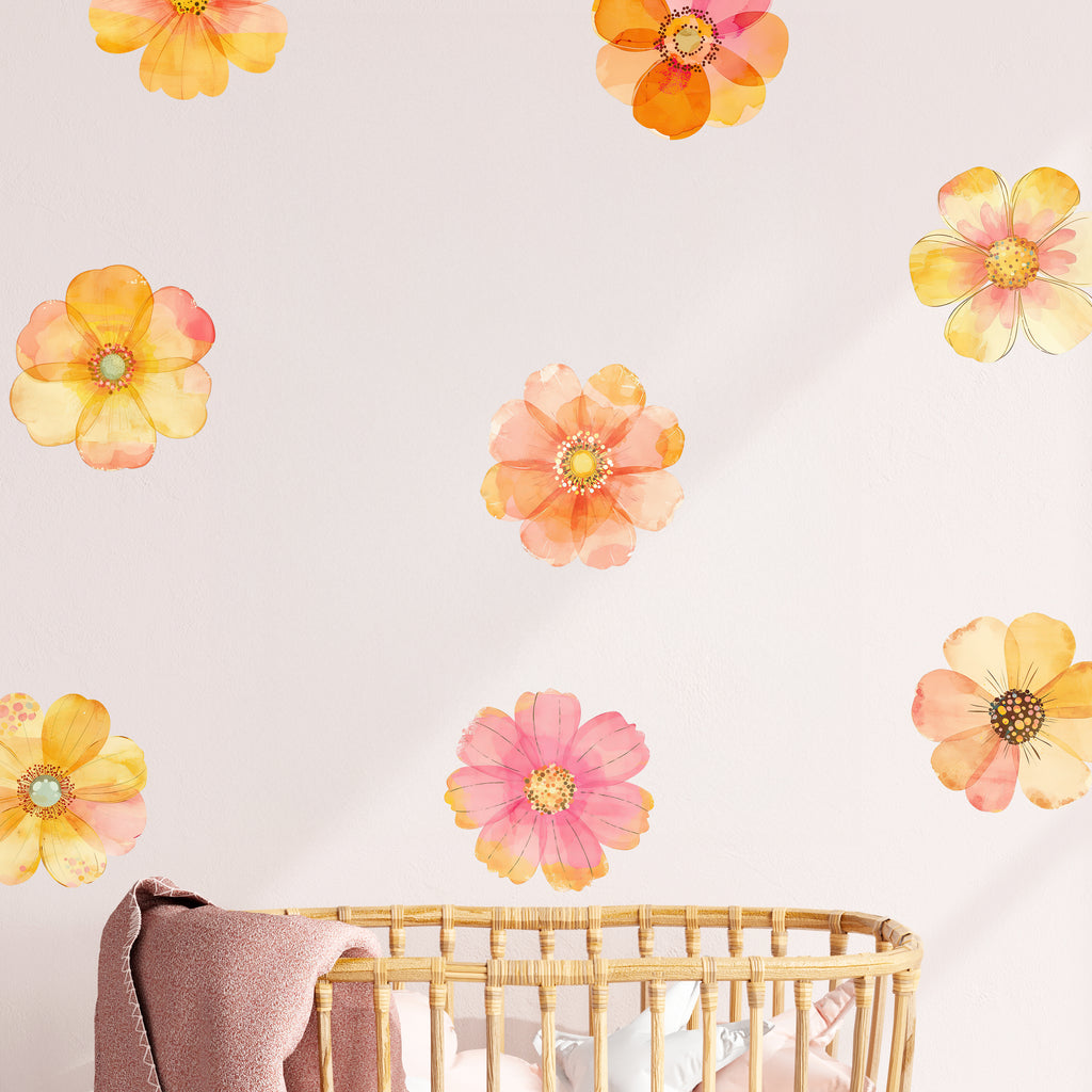 Boho Floral Watercolor Orange Flowers Wall Decals