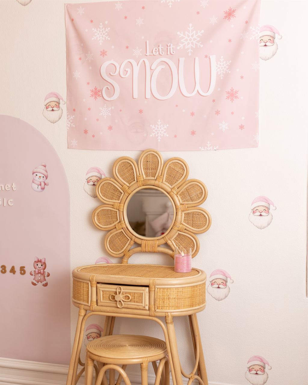 Christmas Banner Let It Snow PINK, Kids Fabric Tapestry, Wall art Room Decor