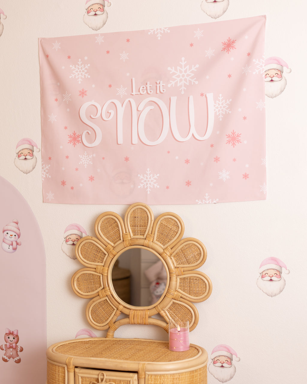 Christmas Banner Let It Snow PINK, Kids Fabric Tapestry, Wall art Room Decor