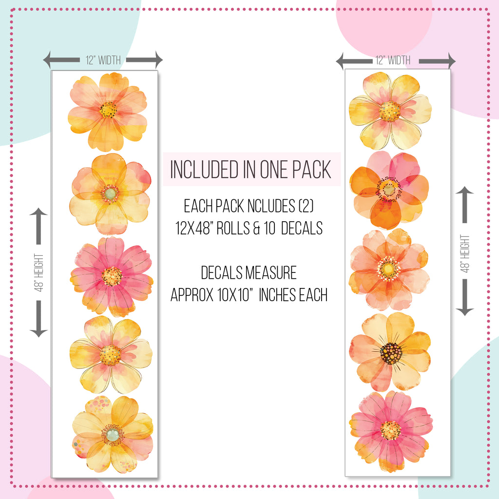 Boho Floral Watercolor Orange Flowers Wall Decals