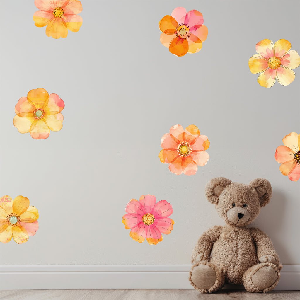 Boho Floral Watercolor Orange Flowers Wall Decals