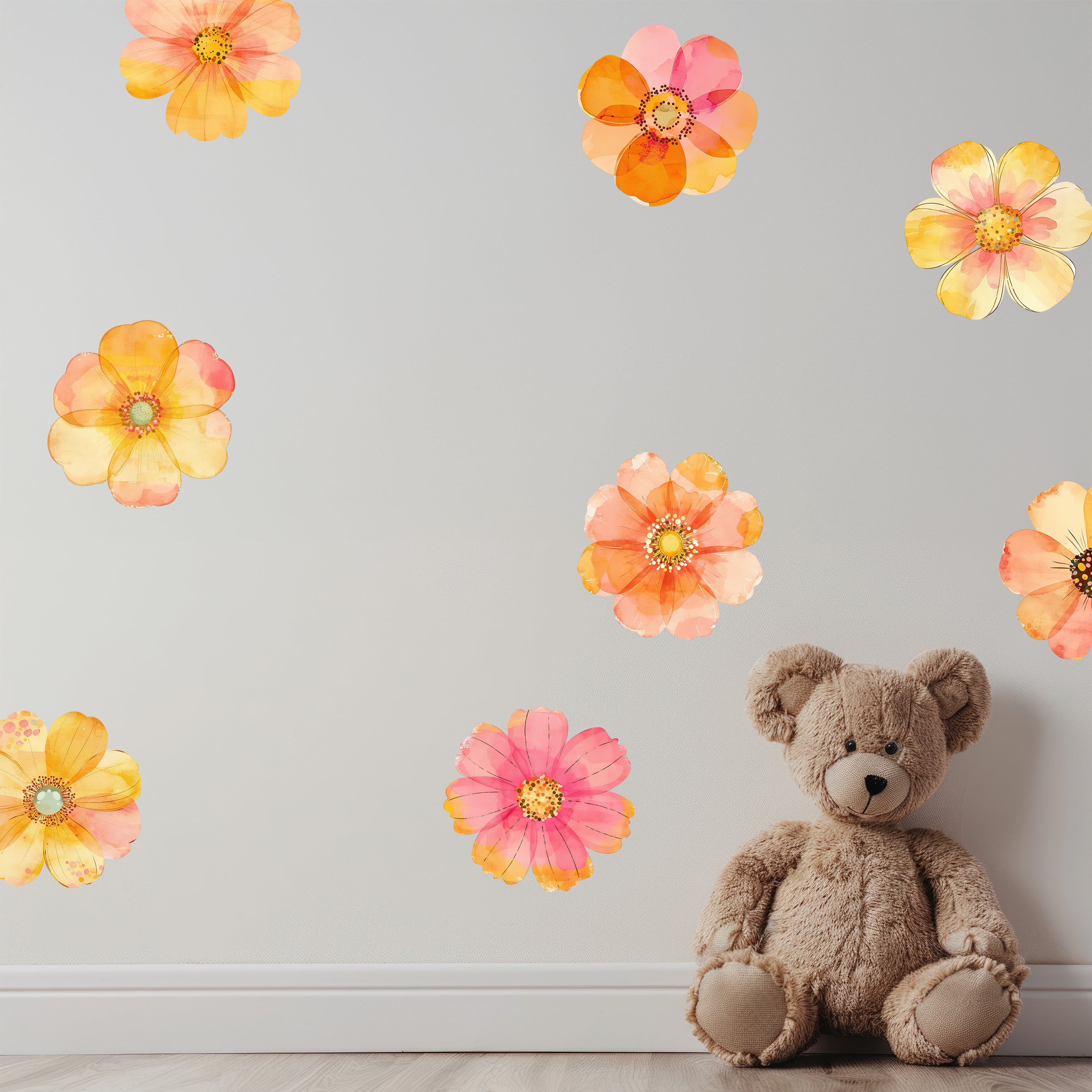 Boho Floral Watercolor Orange Flowers Wall Decals