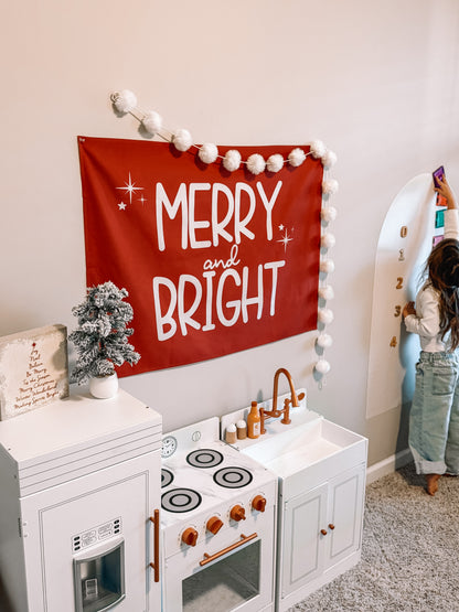 Christmas Banner, Merry And Bright, Kids Fabric Tapestry, Wall art Room Decor