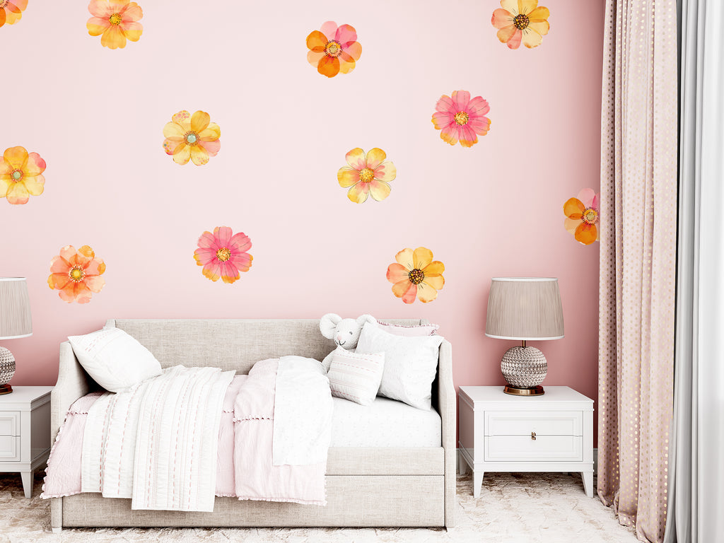 Boho Floral Watercolor Orange Flowers Wall Decals