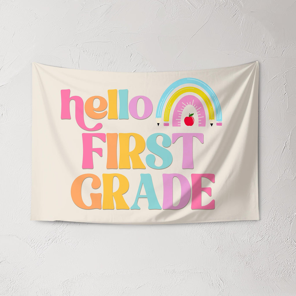 Fabric Tapestry Banner, Hello Rainbow First Grade, Kids Wall Art Room Decor