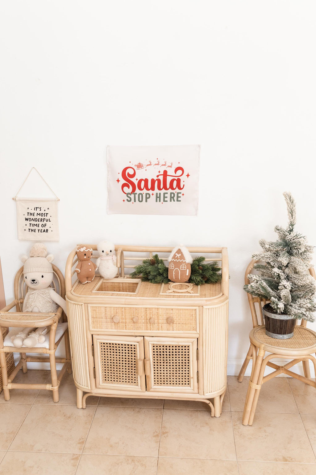 Christmas Banner Santa Stop Here, Kids Fabric Tapestry