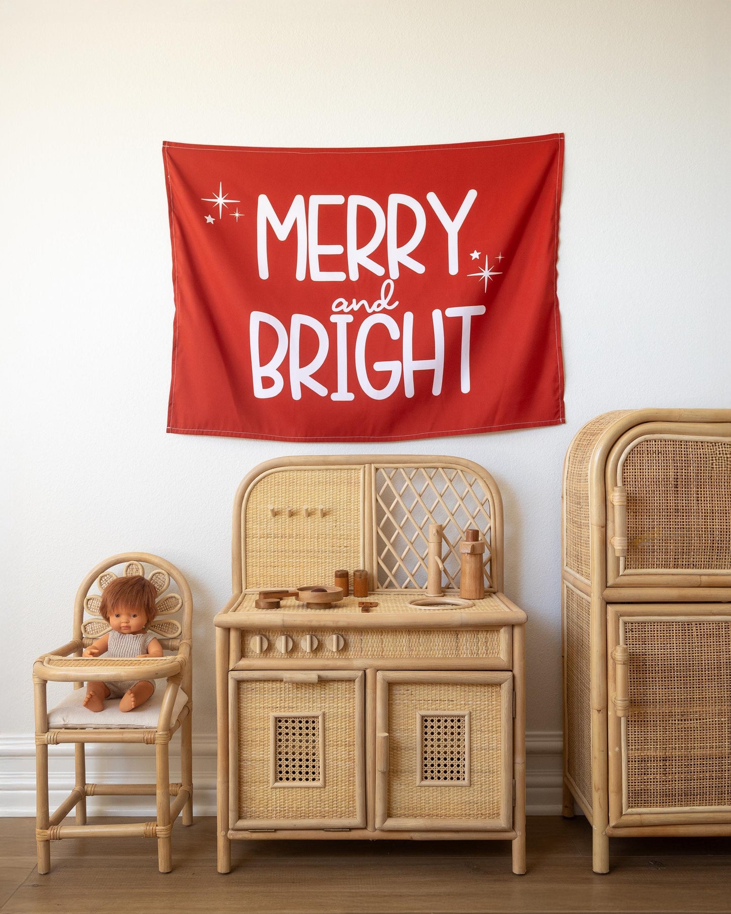 Christmas Banner, Merry And Bright, Kids Fabric Tapestry, Wall art Room Decor