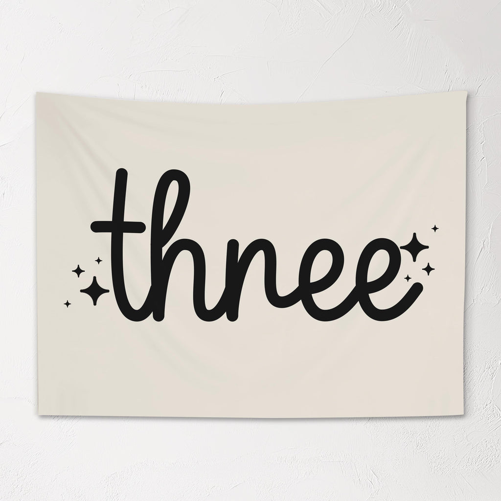 Fabric Tapestry Banner, THREE Birthday, Kids Wall Art Room Decor, Children's Wall Art