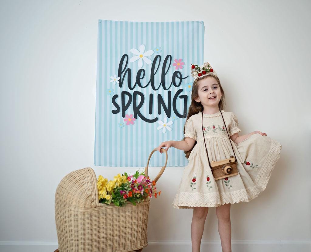 Fabric Tapestry Banner, Hello Spring, Kids Wall Art Room Decor, Children's Wall Art
