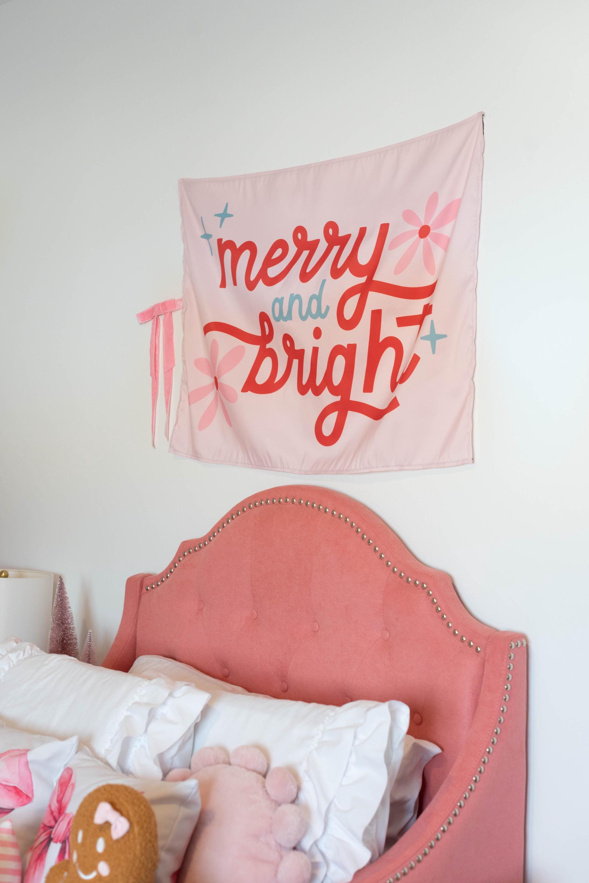 Christmas Banner, Merry & Bright, Kids Fabric Tapestry, Wall art Room Decor
