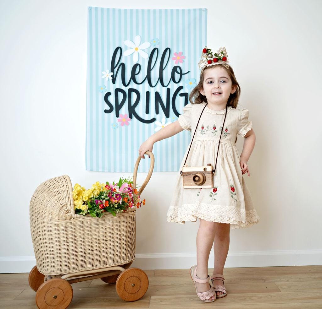 Fabric Tapestry Banner, Hello Spring, Kids Wall Art Room Decor, Children's Wall Art