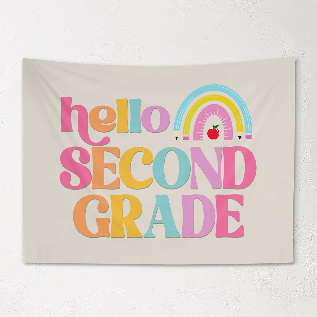 Fabric Tapestry Banner, Hello Rainbow Second Grade, Kids Wall Art Room Decor
