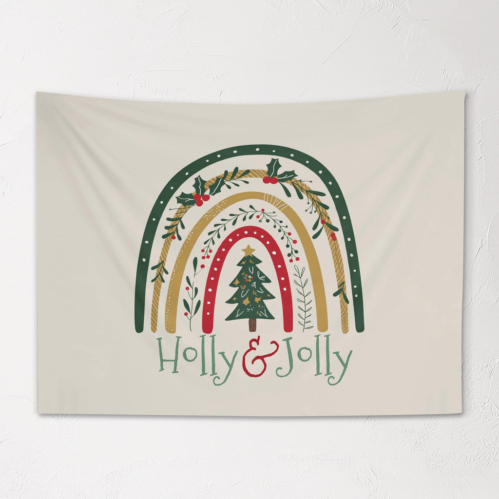 Christmas Banner Holly and Jolly, Festive Kids Fabric Tapestry, Wall art Room Decor
