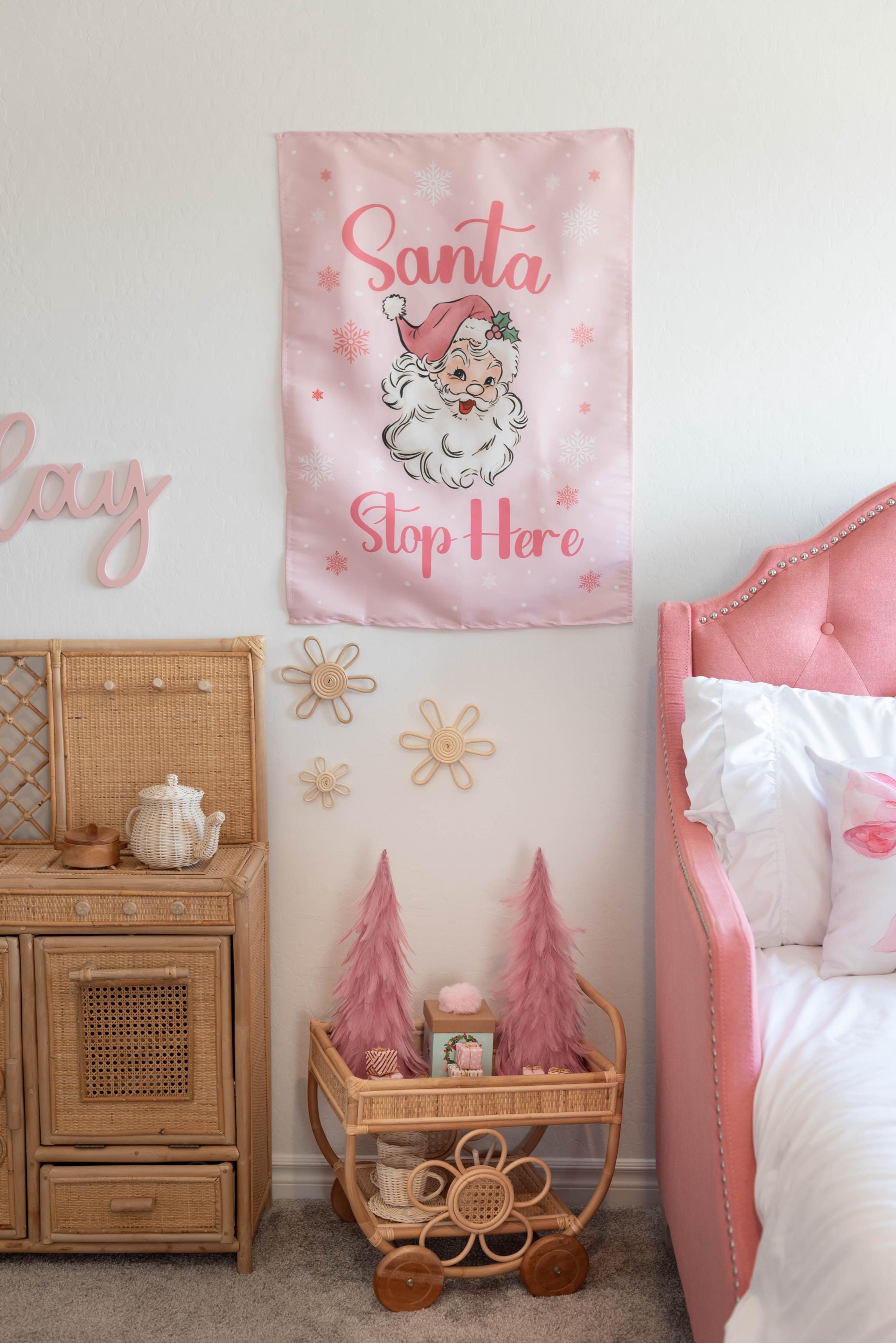 Christmas Banner Santa Stop Here, Kids Fabric Tapestry, Wall art Room Decor