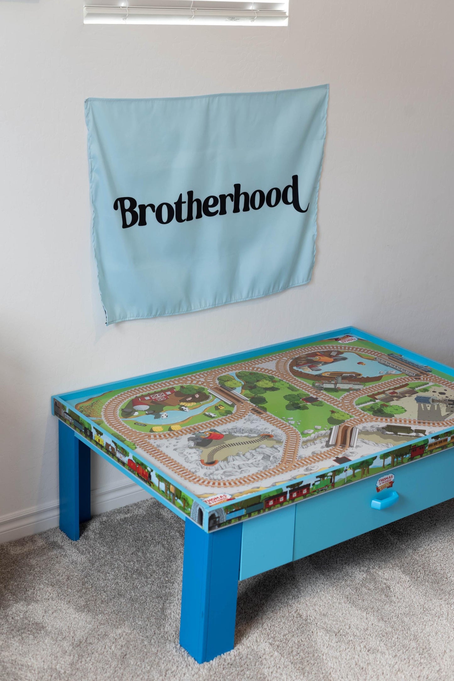 Fabric Tapestry Banner, Brotherhood , Kids Wall Art Room Decor, Blue Children's Wall Art