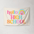 Fabric Tapestry Banner, Hello Rainbow High School, Kids Wall Art Room Decor