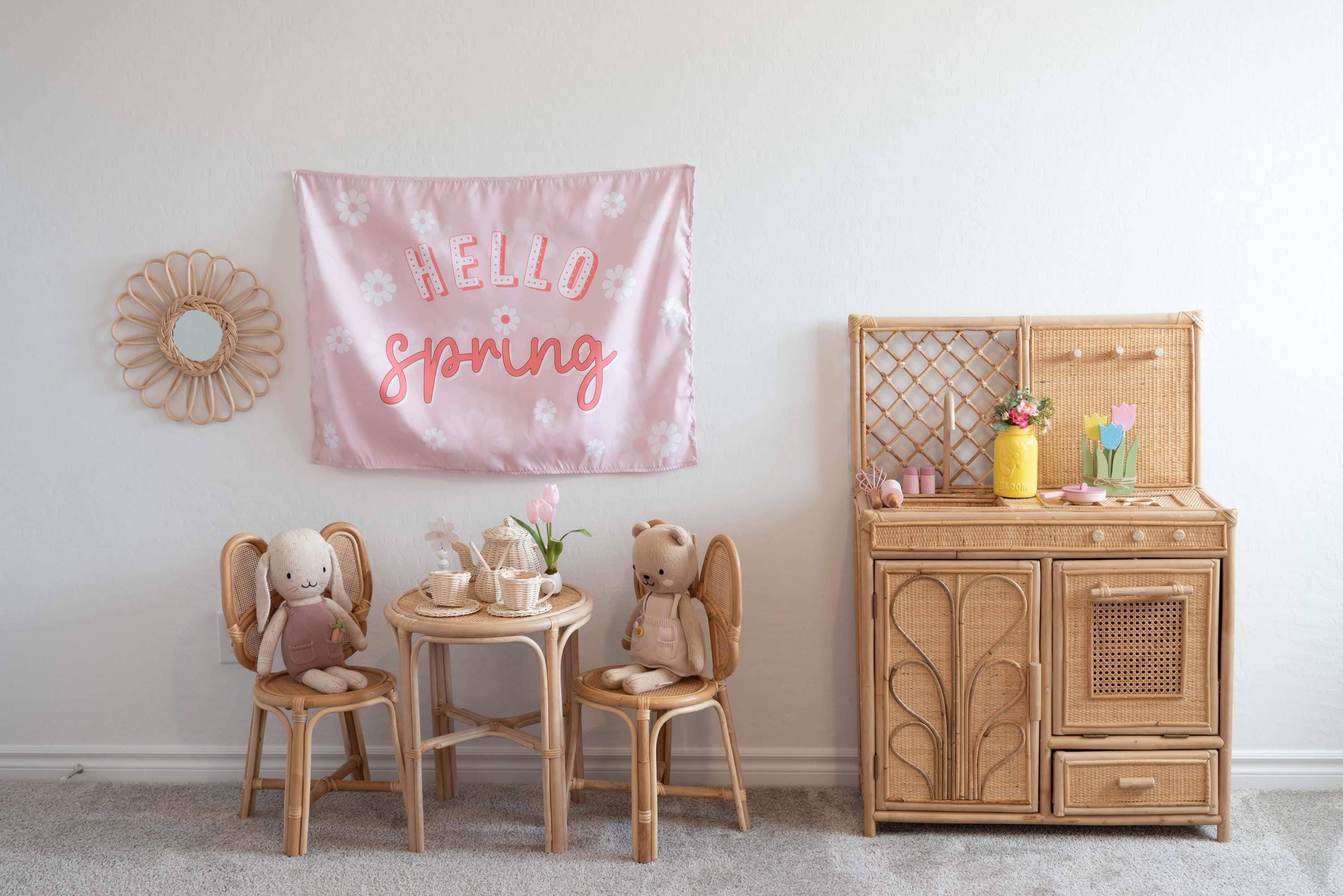 Fabric Tapestry Banner, Hello Spring, Kids Wall Art Room Decor, Children's Wall Art