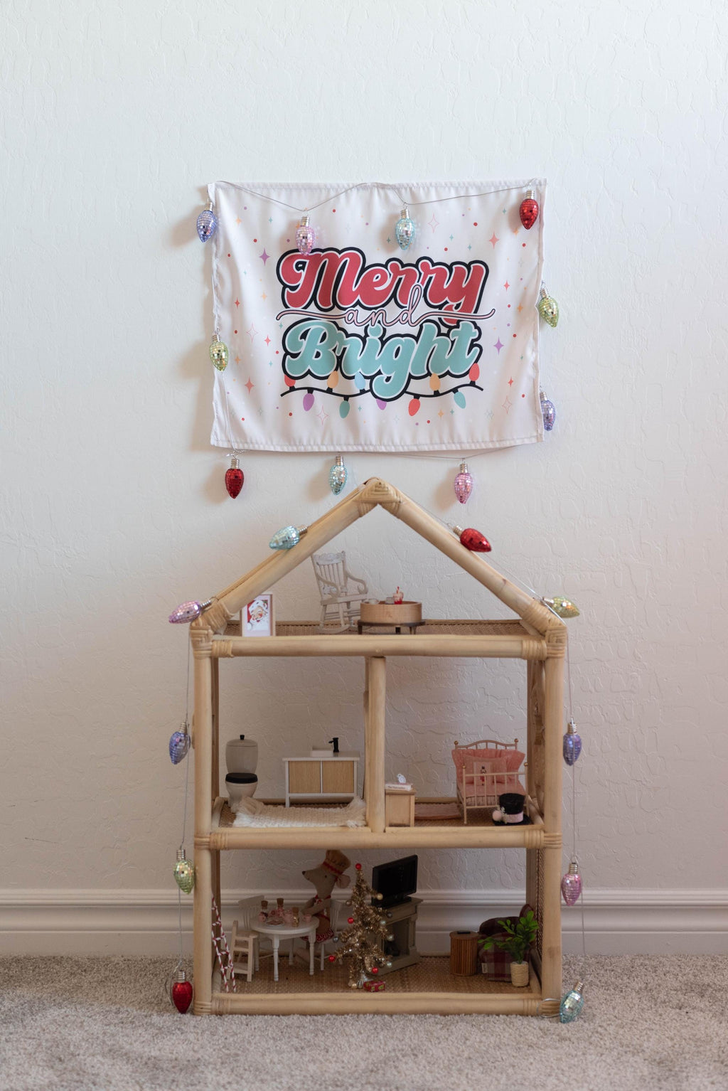 Christmas Banner, Merry & Bright, Festive Kids Fabric Tapestry,  Room Decor