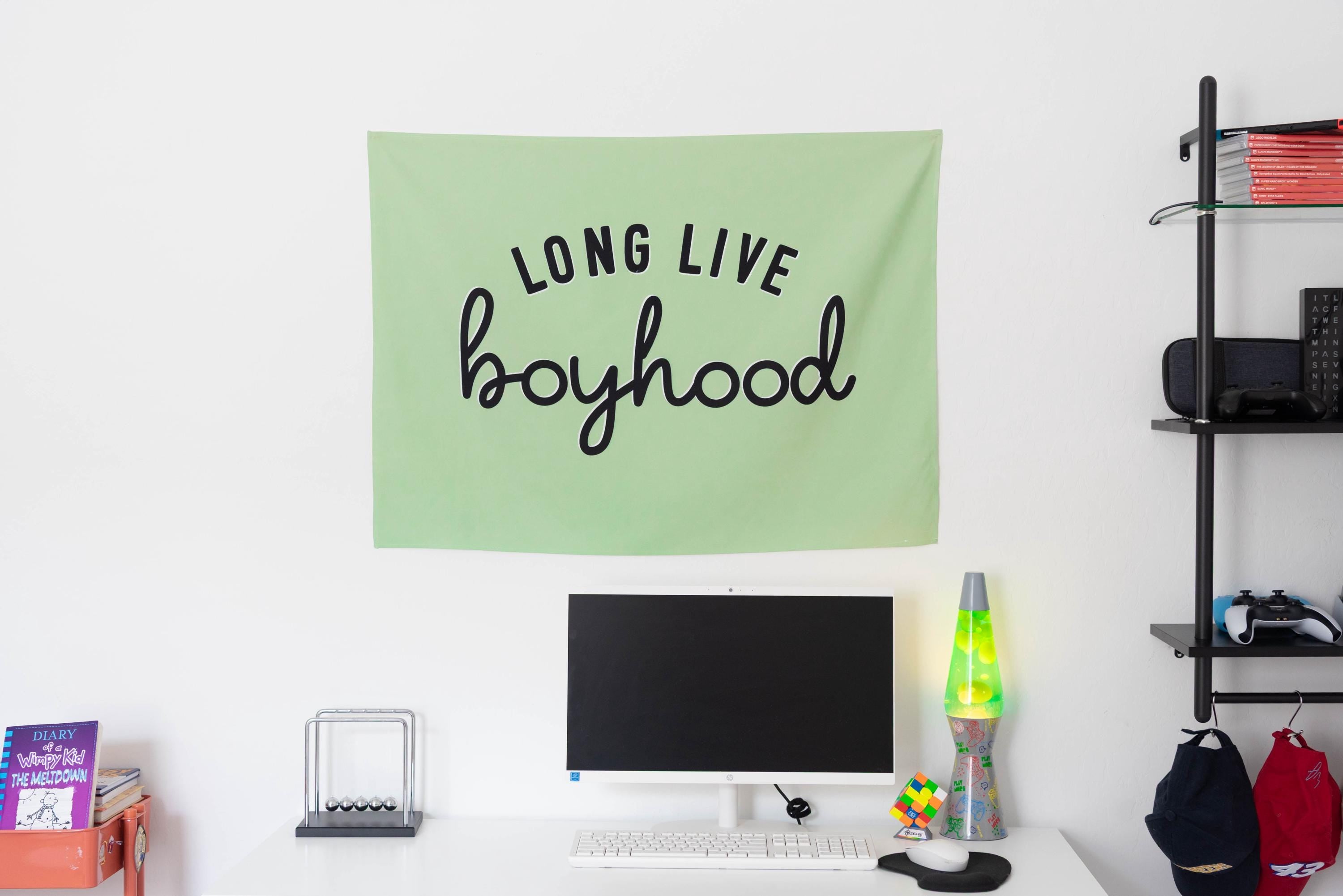 Fabric Tapestry Banner, Long Live Boyhood Green, Kids  Wall Art Decor