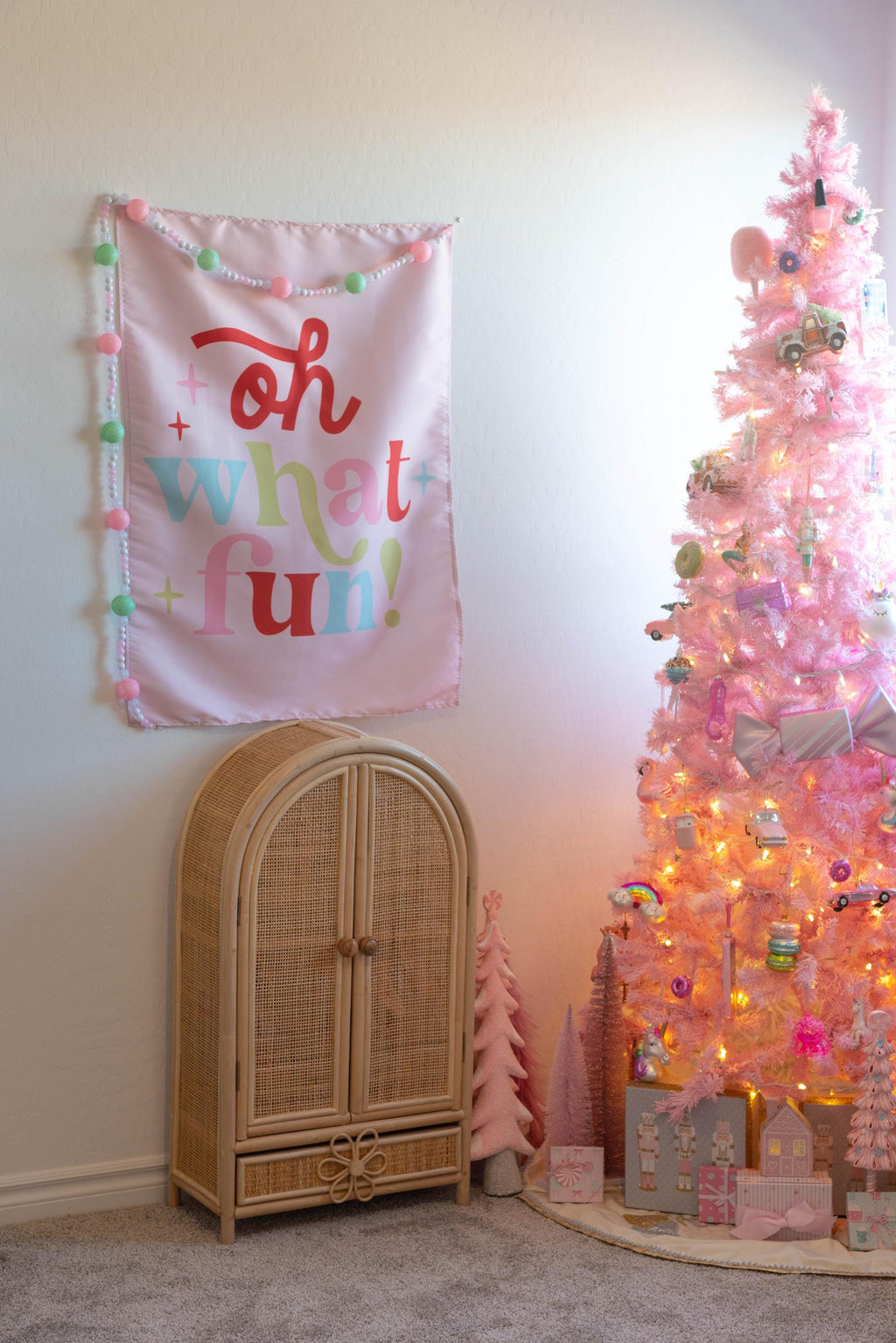 Christmas Banner, Oh What Fun, Kids Fabric Tapestry, Wall art Room Decor