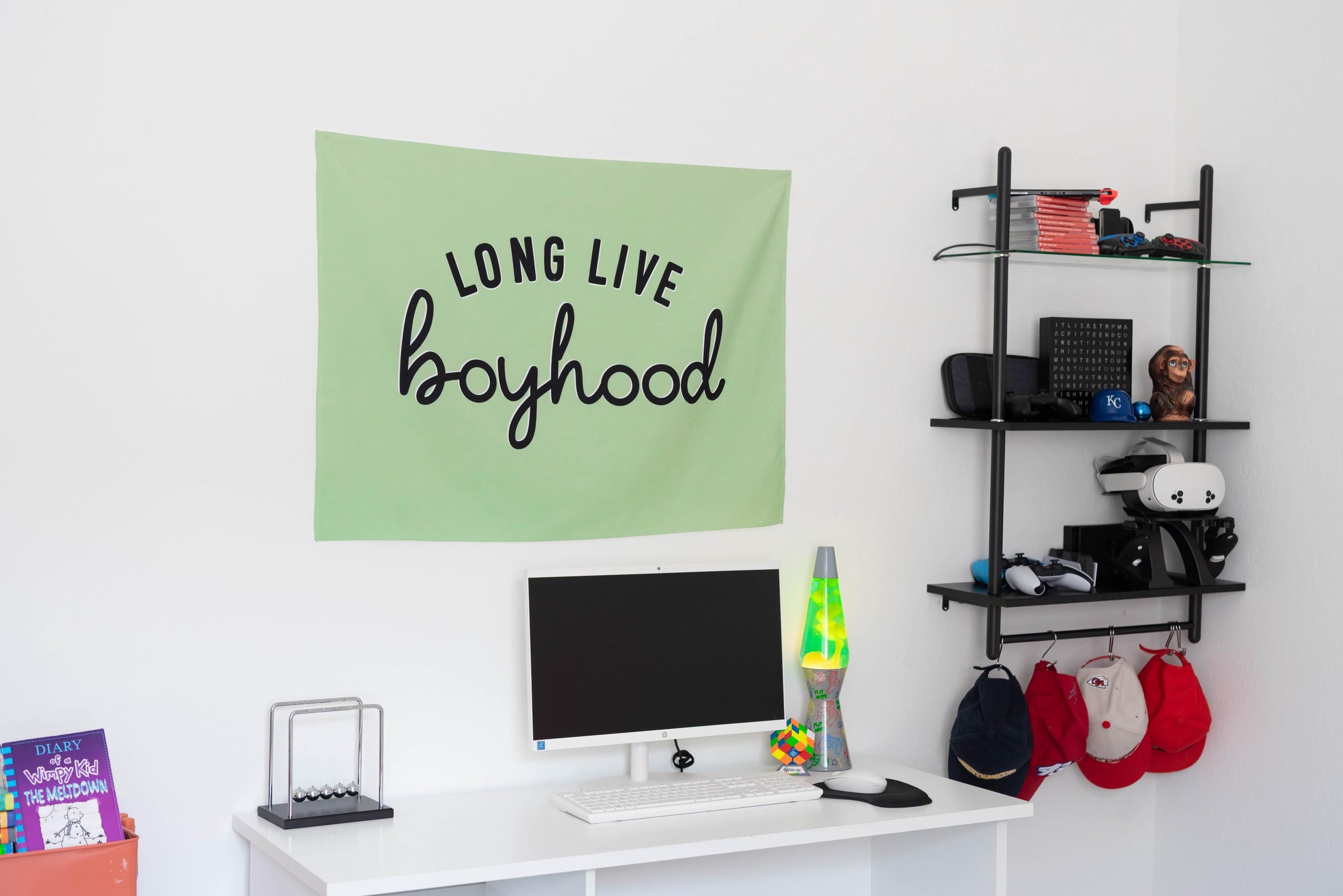 Fabric Tapestry Banner, Long Live Boyhood Green, Kids  Wall Art Decor