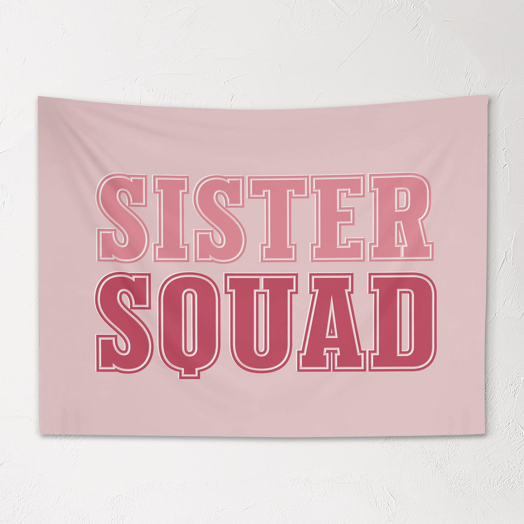 Fabric Tapestry Banner, Sister Squad,  Girls Pink Wall Art Decor, Children's Wall Art