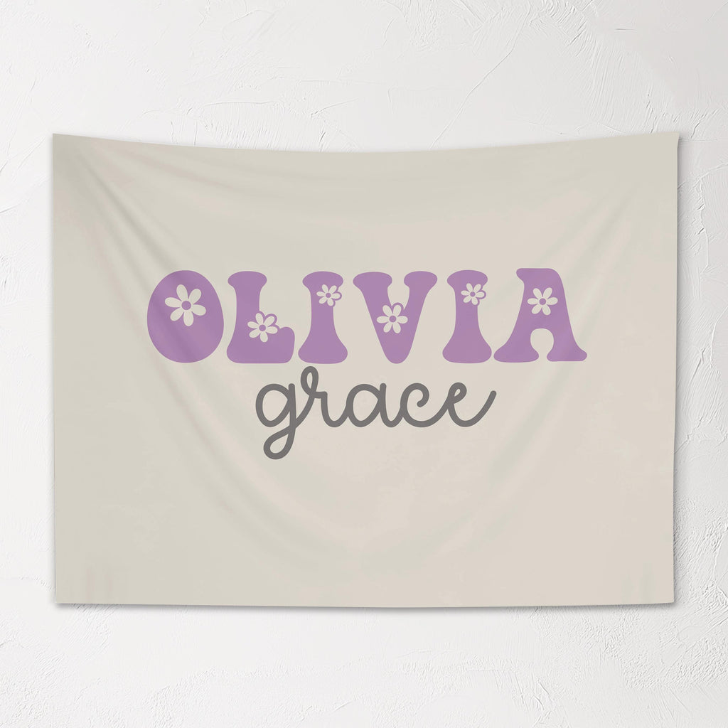 Fabric Tapestry Banner, Groovy Flower Name Personalized, Kids Wall Decor, Children's Wall Art