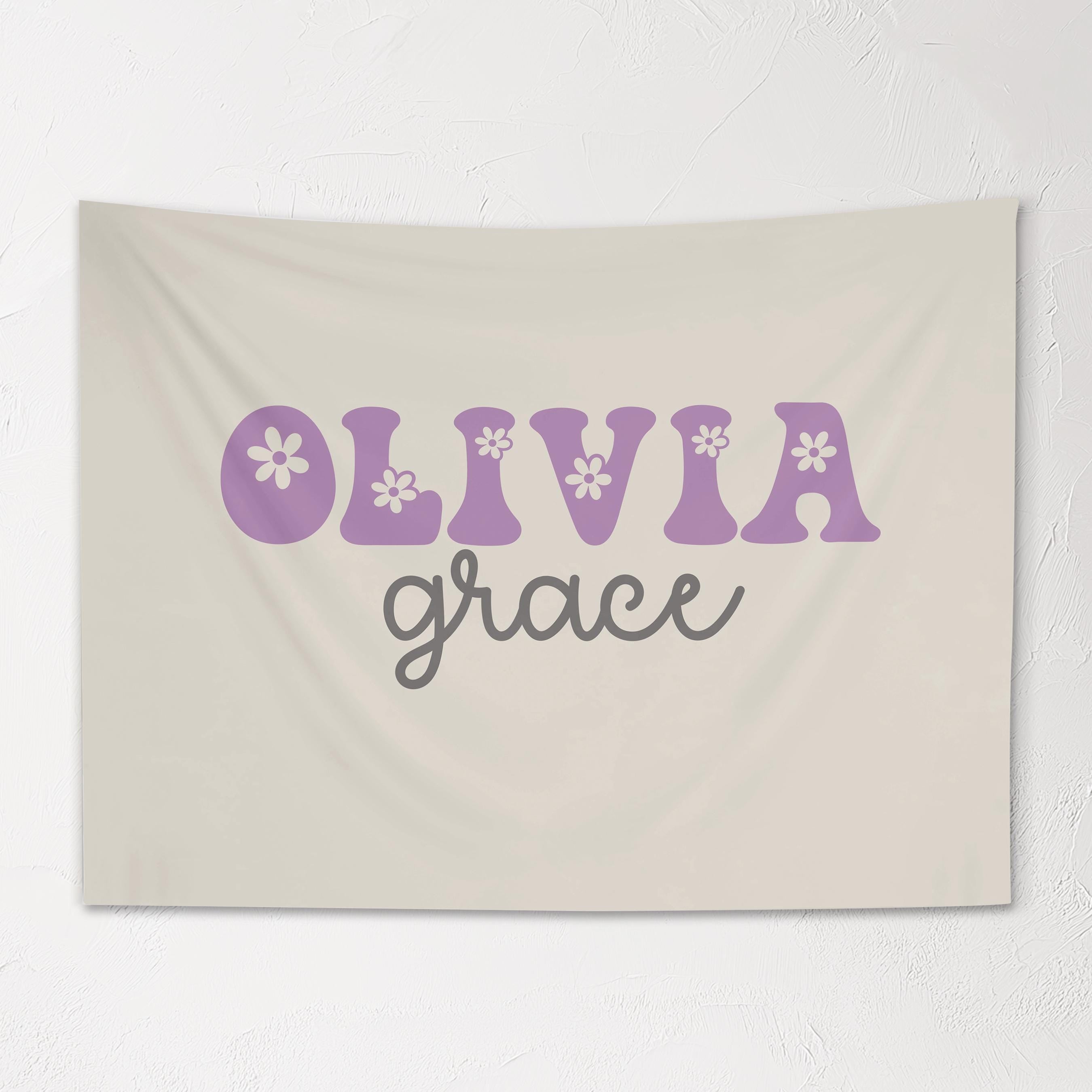 Fabric Tapestry Banner, Groovy Flower Name Personalized, Kids Wall Decor, Children's Wall Art