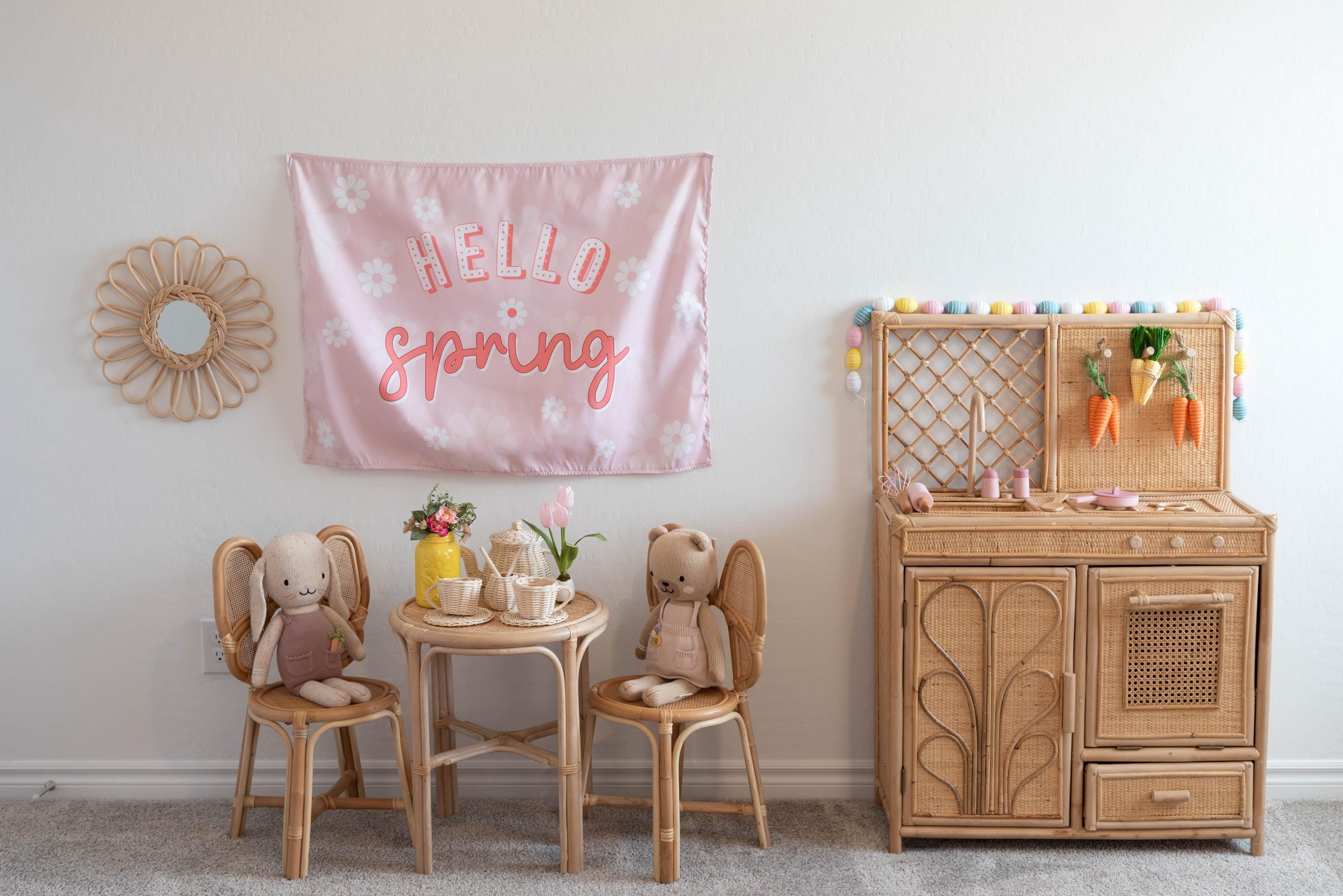 Fabric Tapestry Banner, Hello Spring, Kids Wall Art Room Decor, Children's Wall Art