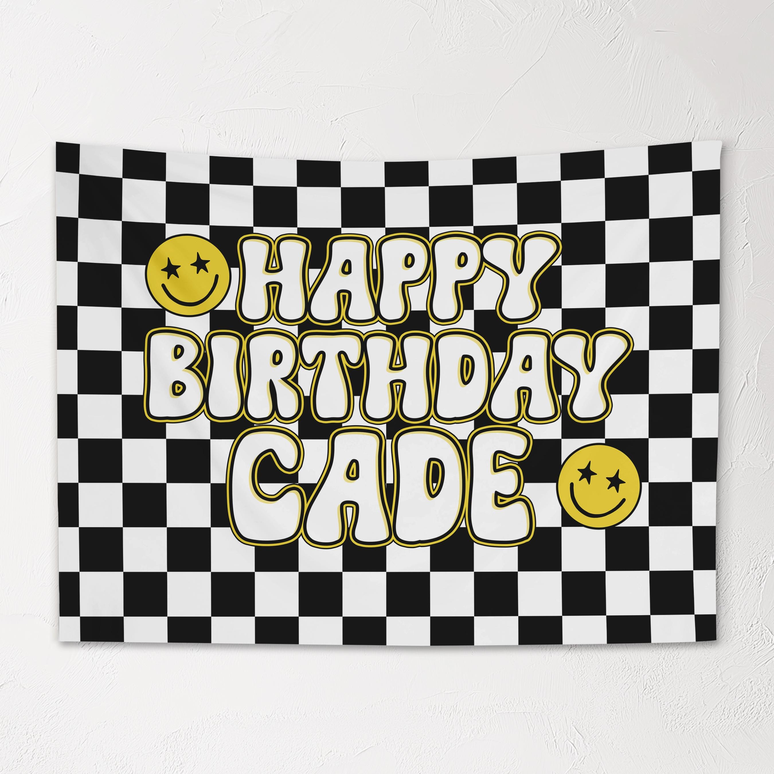 Custom Kids Happy Birthday Banner, Personalized Name, Retro Checkers, Kids Party Decor