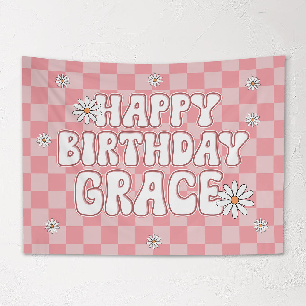 Girls Personalized Birthday Banner, Custom Pink Retro Checkered Wall Hanging with Name