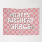 Girls Personalized Birthday Banner, Custom Pink Retro Checkered Wall Hanging with Name