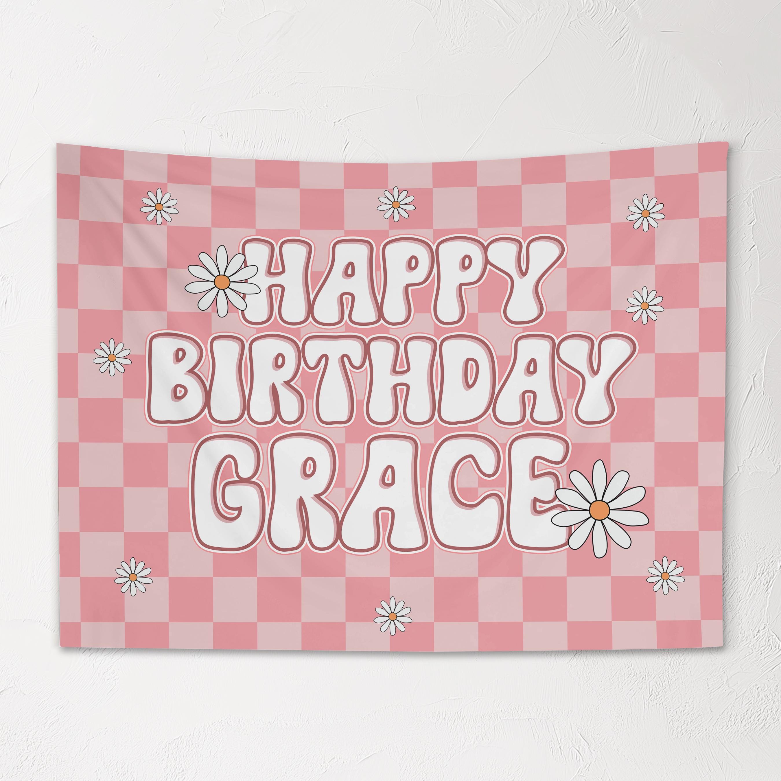 Girls Personalized Birthday Banner, Custom Pink Retro Checkered Wall Hanging with Name