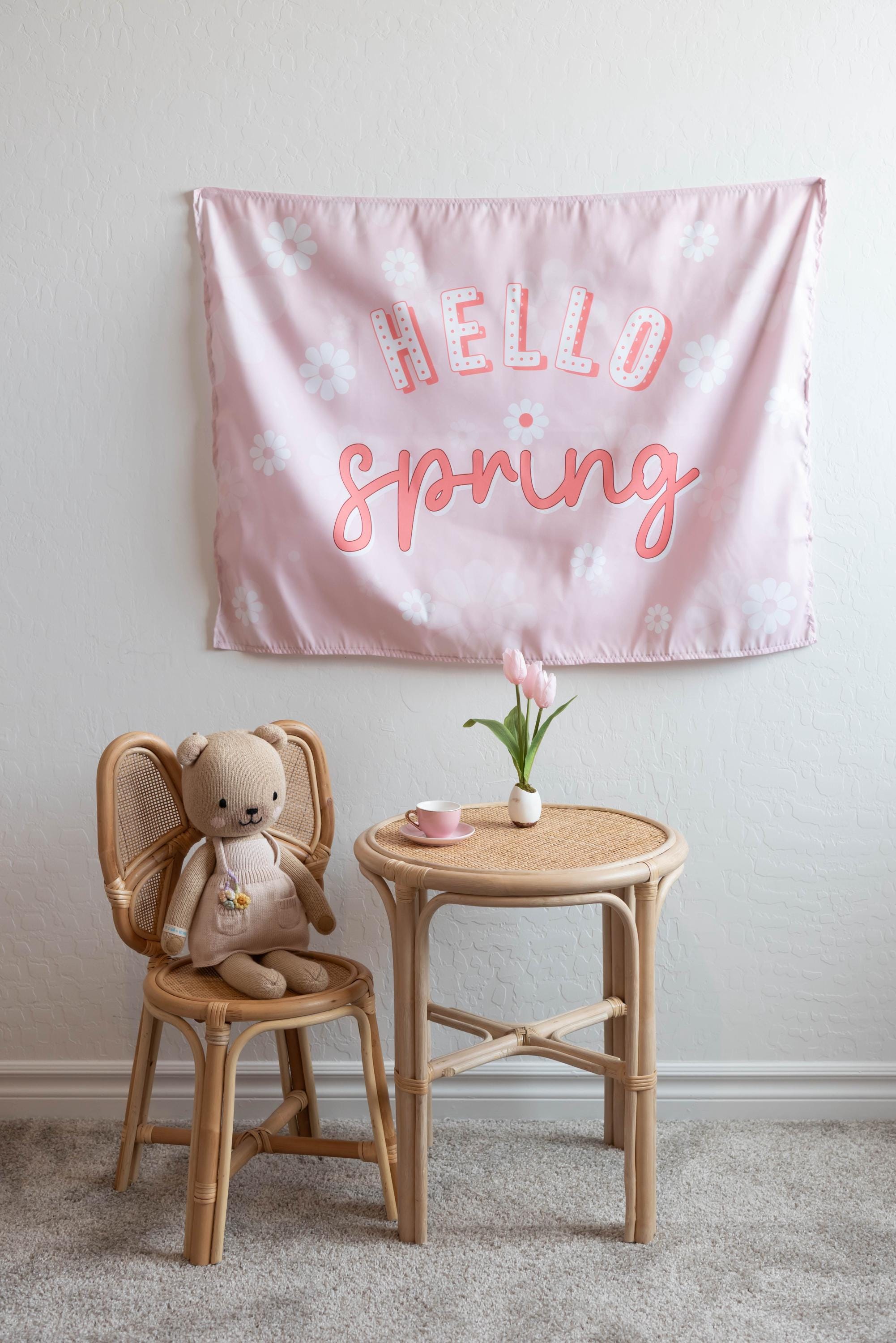Fabric Tapestry Banner, Hello Spring, Kids Wall Art Room Decor, Children's Wall Art