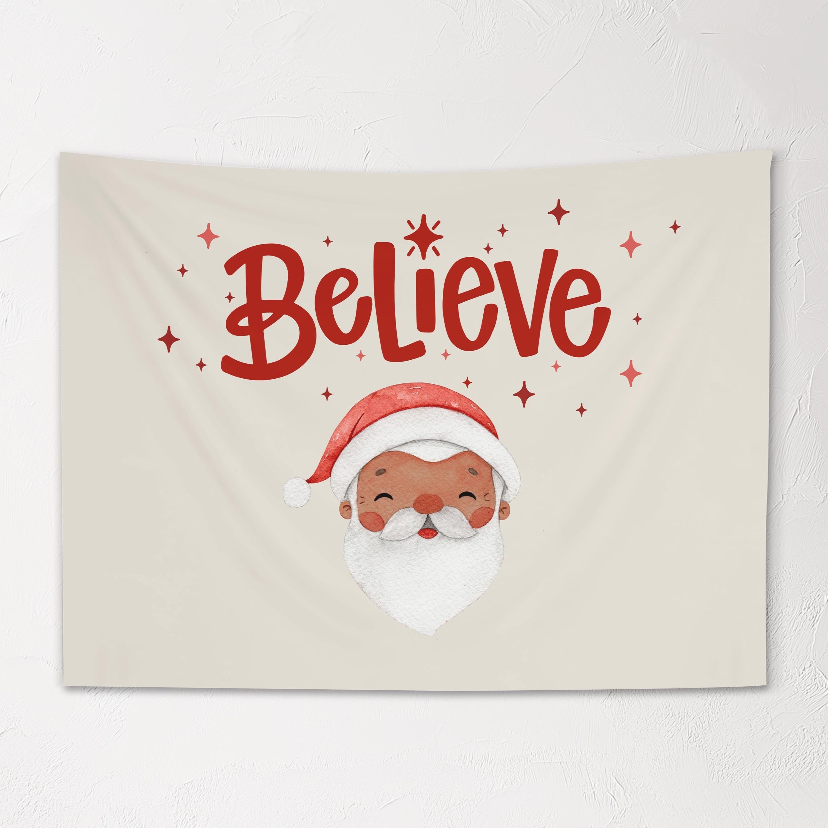 Christmas Banner, Believe - Dark Skinned Santa, Kids Fabric Tapestry, Santa Wall art Room Decor