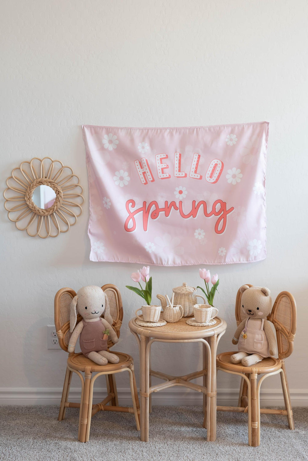 Fabric Tapestry Banner, Hello Spring, Kids Wall Art Room Decor, Children's Wall Art