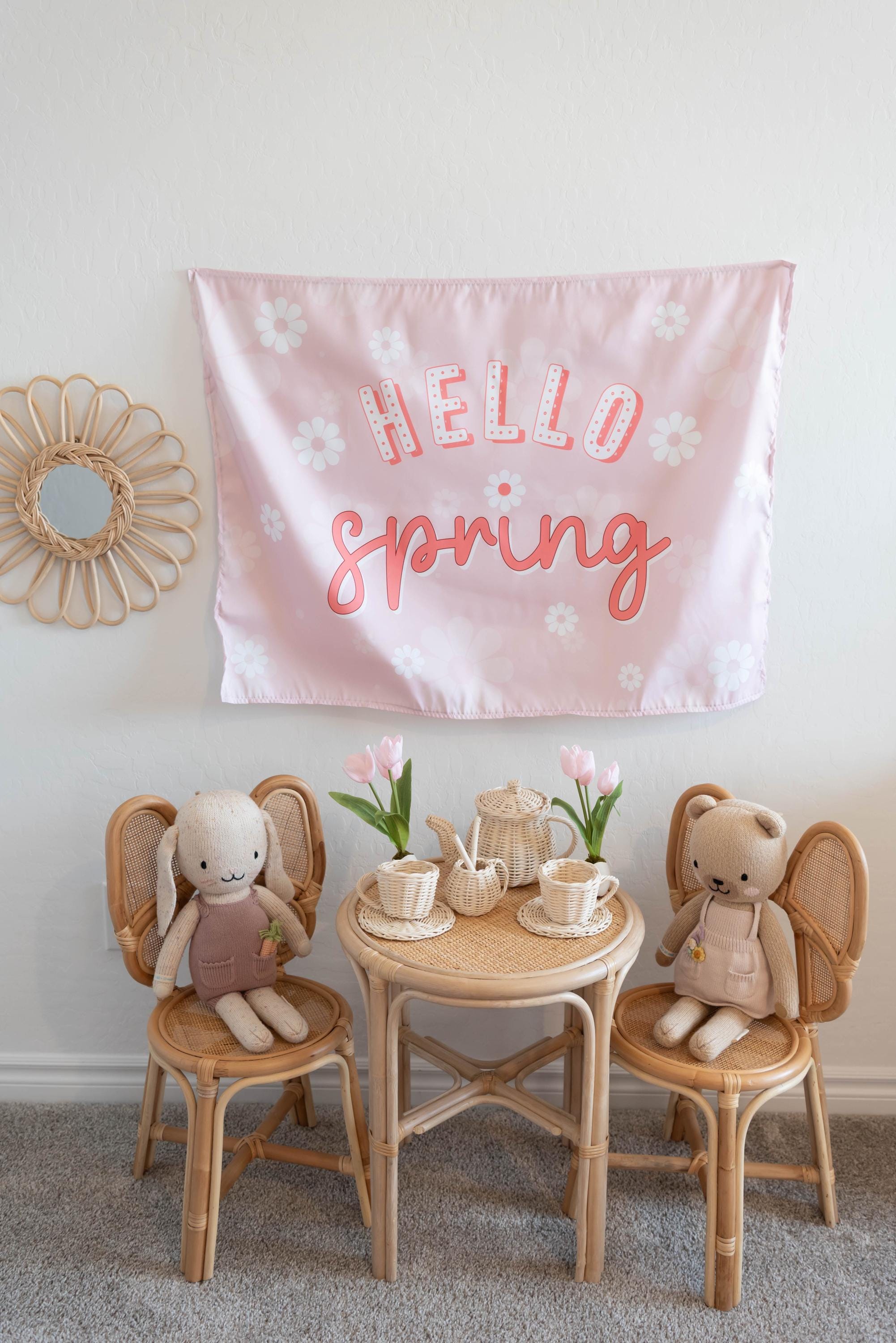 Fabric Tapestry Banner, Hello Spring, Kids Wall Art Room Decor, Children's Wall Art