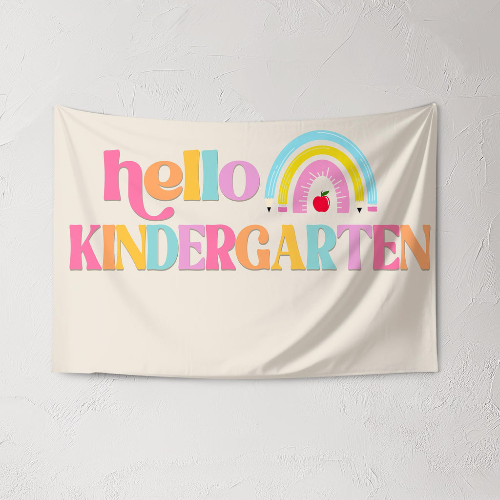 Fabric Tapestry Banner, Hello Rainbow Kindergarten, Kids Wall Art Room Decor